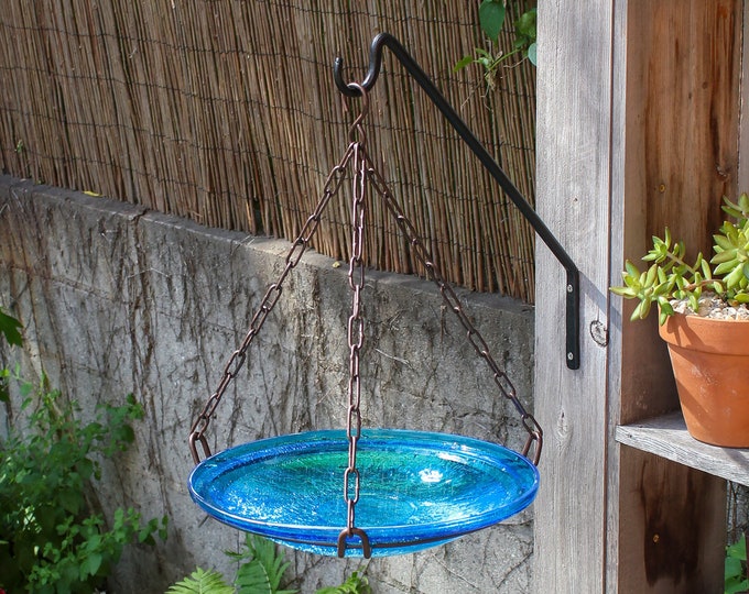 14" Hanging Turquoise Crackle Glass Birdbath Bowl