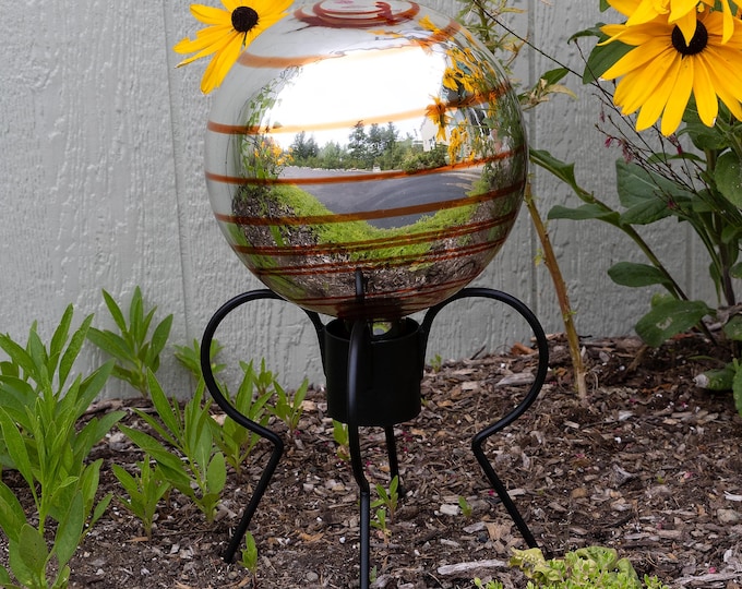 Sample - 10" Silver Mirrored Glass Garden Gazing Ball with Orange Accents & Stand