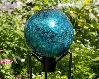 10" Teal Green Crackle Glass Garden Gazing Ball with Wrought Iron Stand