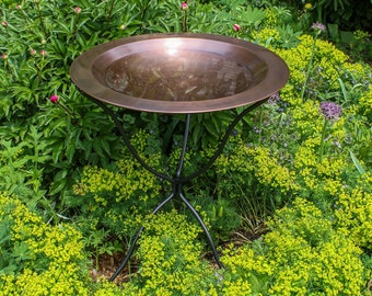 Simple Copper 24" Birdbath Bowl with Folding Wrought Iron Stand