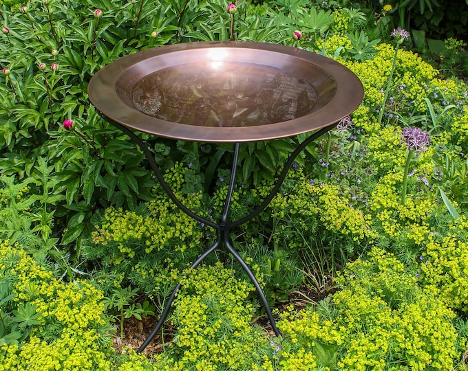 Simple Copper 24" Birdbath Bowl with Folding Wrought Iron Stand