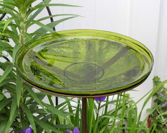 14" Fern Green Crackle Glass Birdbath with Garden Stake