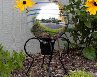 Sample - 10" Silver Mirrored Glass Garden Ball with Blue Accents & Stand