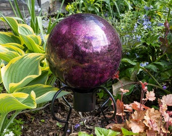 10" Purple Crackle Glass Gazing Ball with Short Stand