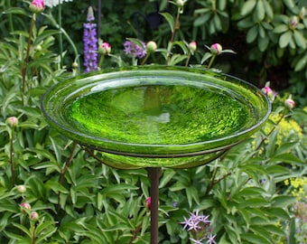 12" Fern Green Crackle Glass Birdbath with Garden Stake