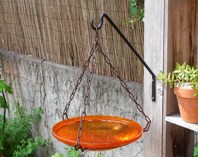 14" Hanging Tangerine Orange Crackle Glass Birdbath Bowl