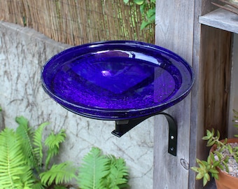 12" Cobalt Crackle Glass Birdbath with Wall/Post Bracket