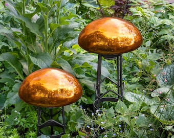 Brilliant Orange Garden Toadstool, Blown Crackle Glass with Wrought Iron Stand