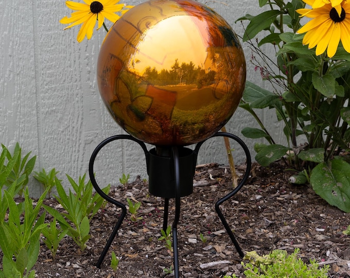 Sample - 10" Orange Mirrored Glass Garden Ball with Drawn Accents & Stand