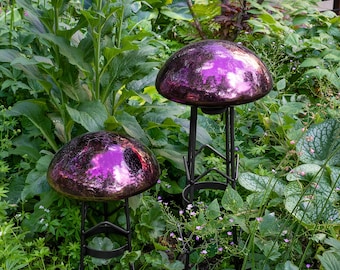 Purple Garden Toadstool, Blown Crackle Glass with Wrought Iron Stand