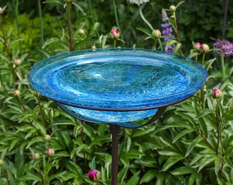 12" Turquoise Crackle Glass Birdbath with Garden Stake