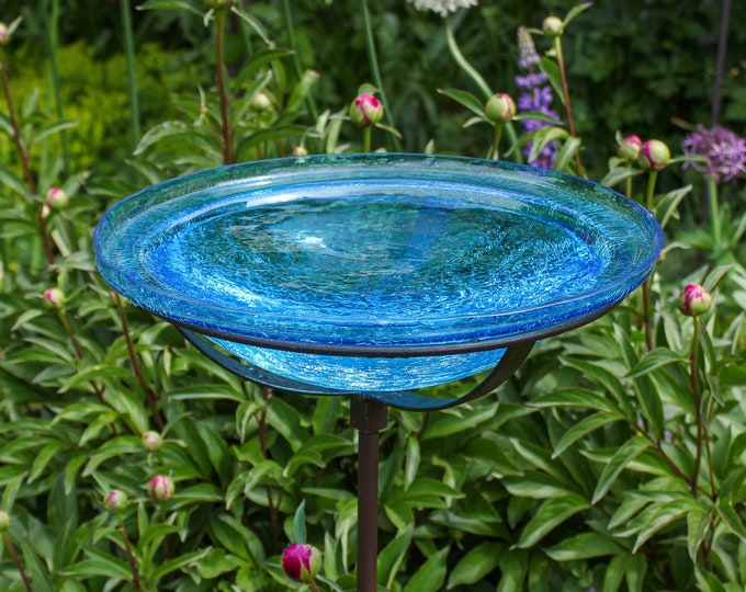 12" Turquoise Glass Birdbath with Garden Stake