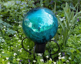 10" Teal Green Crackle Glass Gazing Ball with Short Stand