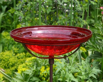 12" Tomato Red Crackle Glass Birdbath with Garden Stake