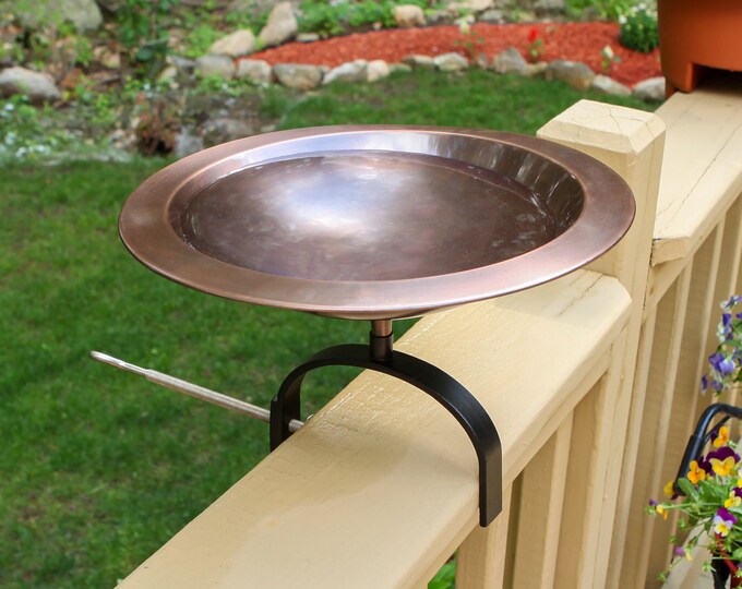 Classic Copper Birdbath with Over Deck or Hand Railing Bracket