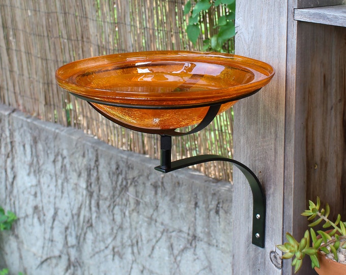 12" Tangerine Crackle Glass Birdbath with Wall/Post Bracket