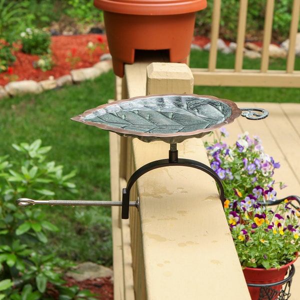 Hammered Leaf Copper Birdbath with Over Deck or Hand Rail Bracket