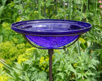 12" Cobalt Blue Crackle Glass Birdbath with Garden Stake