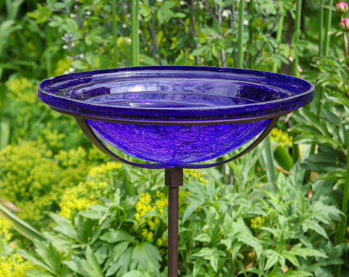 12" Cobalt Blue Glass Birdbath with Garden Stake