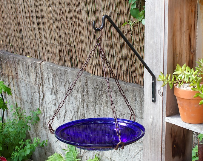 14" Hanging Cobalt Blue Crackle Glass Birdbath Bowl