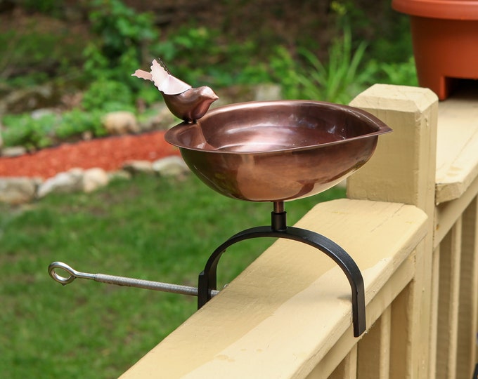 Heart-shaped Copper Birdbath with with Over Deck or Hand Railing Bracket