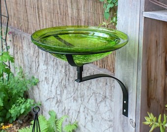 12" Lush Green Crackle Glass Birdbath with Wall/Post Bracket