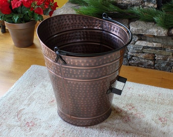 Hammered Copper Fireplace Log or Pellet Bucket with Handles - Large