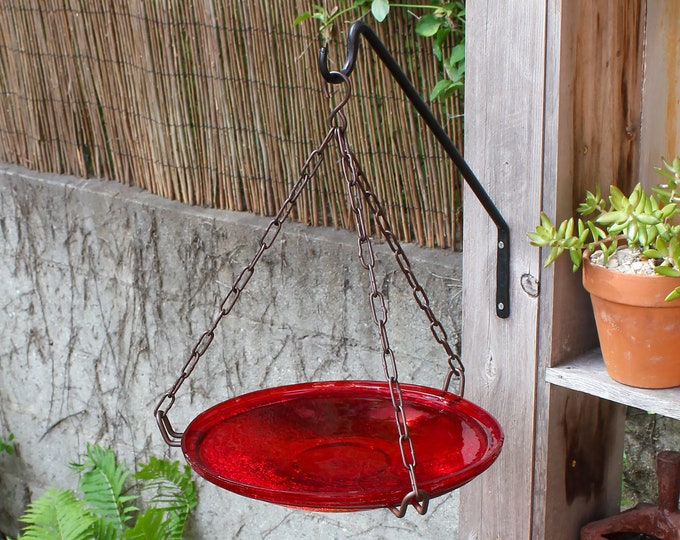 14" Hanging Tomato Red Crackle Glass Birdbath Bowl