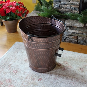 Hammered Copper Fireplace Log or Pellet Bucket with Handles - Large