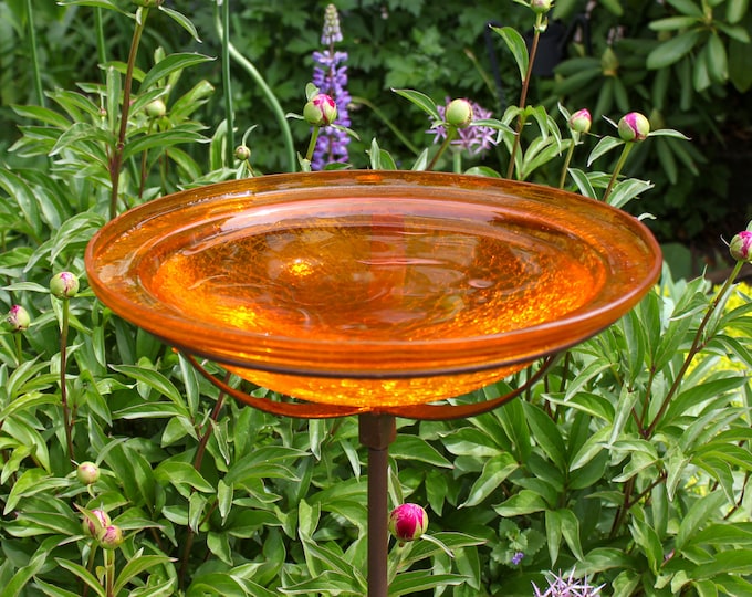 12" Tangerine Crackle Glass Birdbath with Garden Stake