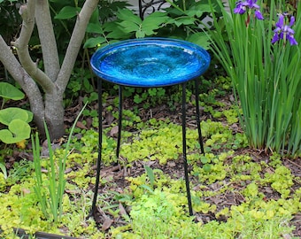 14" Turquoise Blue Crackle Glass Birdbath Bowl with 18" Tall Wrought Iron Ring Stand