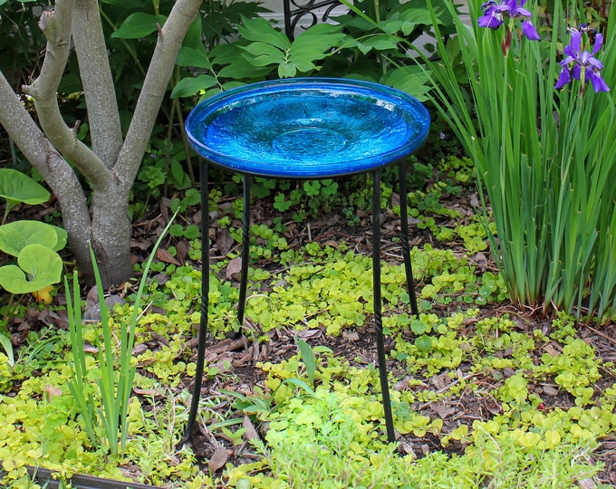 14" Turquoise Blue Crackle Glass Birdbath Bowl with 18" Tall Wrought Iron Ring Stand