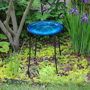 14&quot; Turquoise Blue Crackle Glass Birdbath Bowl with 18&quot; Tall Wrought Iron Ring Stand