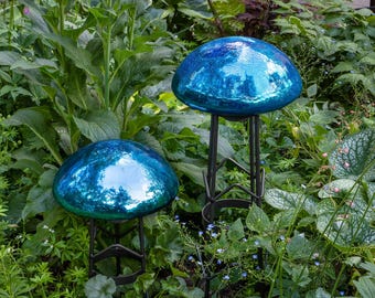 Turquoise Blue Garden Toadstool, Blown Crackle Glass with Wrought Iron Stand