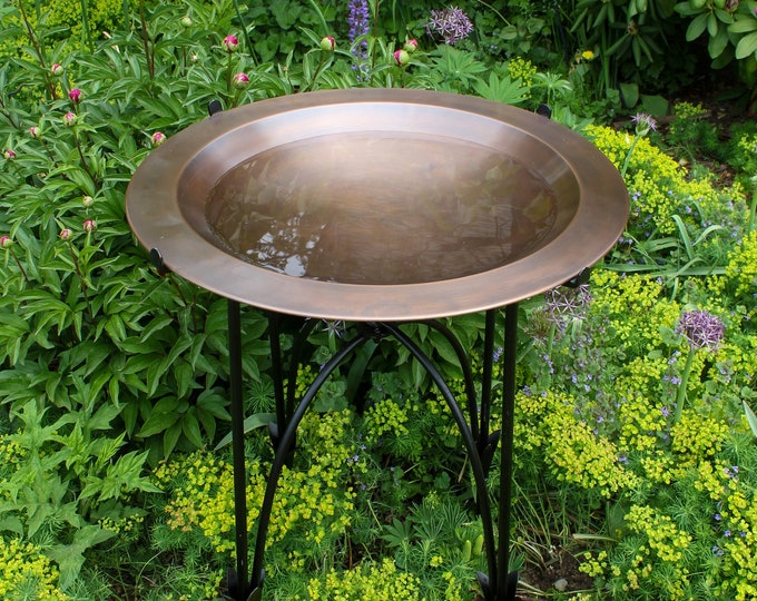 24" Simple Copper Birdbath Bowl with Wrought Iron Stand