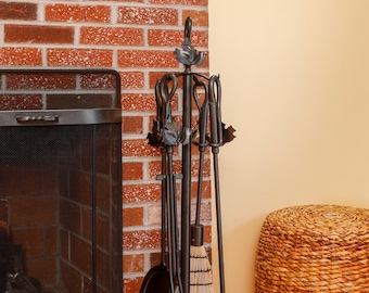 Wrought Iron Fireplace Tool Set - Maple Leaf Graphite - 4 Tools