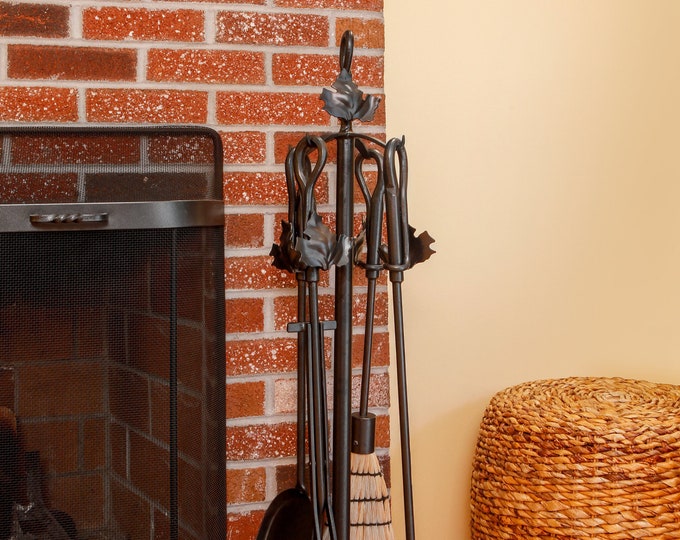 Wrought Iron Fireplace Tool Set - Maple Leaf Graphite - 4 Tools