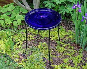 14" Cobalt Blue Crackle Glass Birdbath Bowl with 18" Tall Wrought Iron Ring Stand