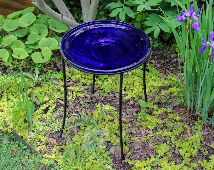 14" Cobalt Blue Crackle Glass Birdbath Bowl with 18" Tall Wrought Iron Ring Stand