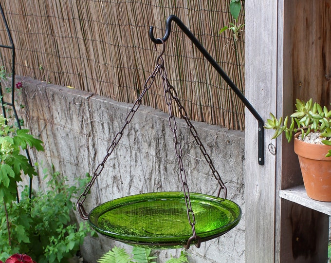 14" Hanging Lush Green Crackle Glass Birdbath Bowl