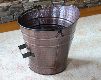 Hammered Copper Fireplace Log or Pellet Bucket with Handles