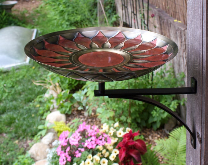 Red Daisy Sunflower Embossed Brass Birdbath wih Wall Mount Bracket