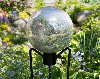 10" Silver Crackle Glass Garden Gazing Ball with Wrought Iron Stand
