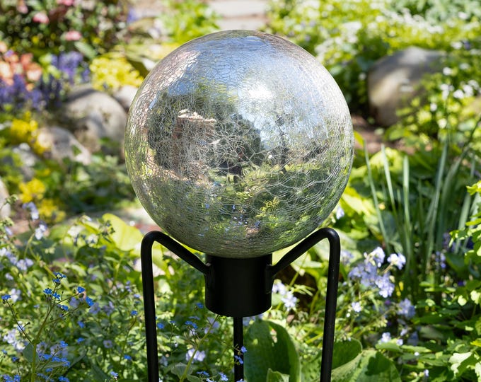 10" Silver Crackle Glass Garden Gazing Ball with Wrought Iron Stand