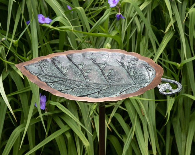 Hammered Leaf Copper Birdbath on Garden Stake