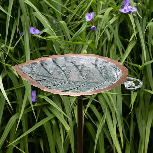 Hammered Leaf Copper Birdbath on Garden Stake