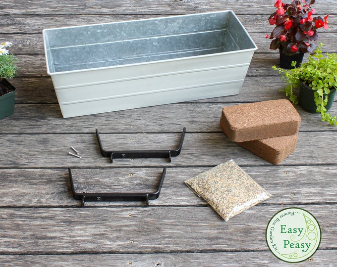 Easy Peasy Grow Kit with Railing Brackets and 24" Whitewash Flower Windowbox Planter