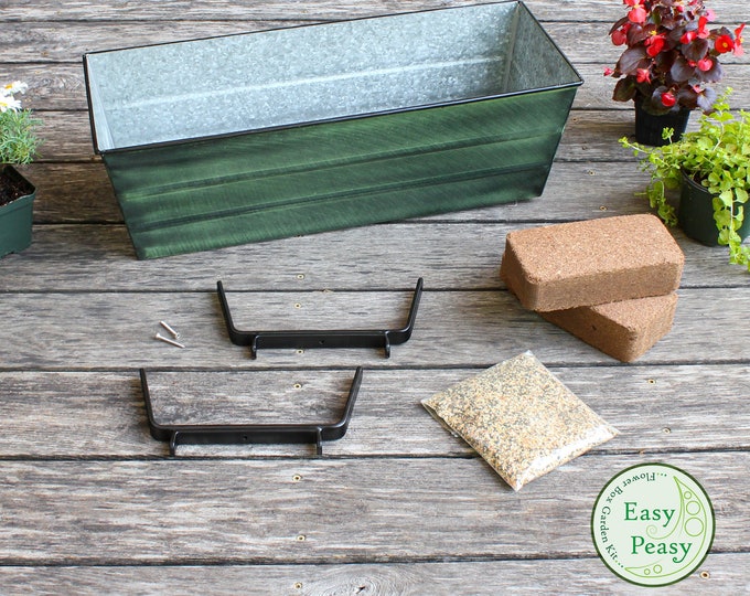 Easy Peasy Grow Kit with Railing Brackets and 24" Green Flower Windowbox Planter