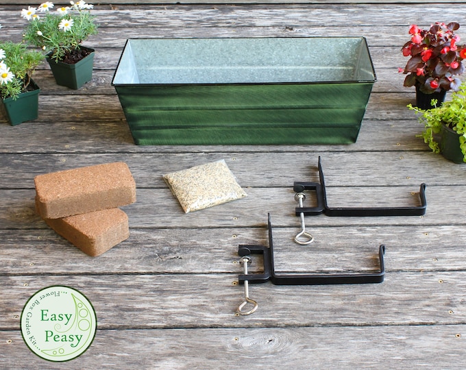 Easy Peasy Grow Kit with Clamp-On Brackets and 24" Green Flower Windowbox Planter