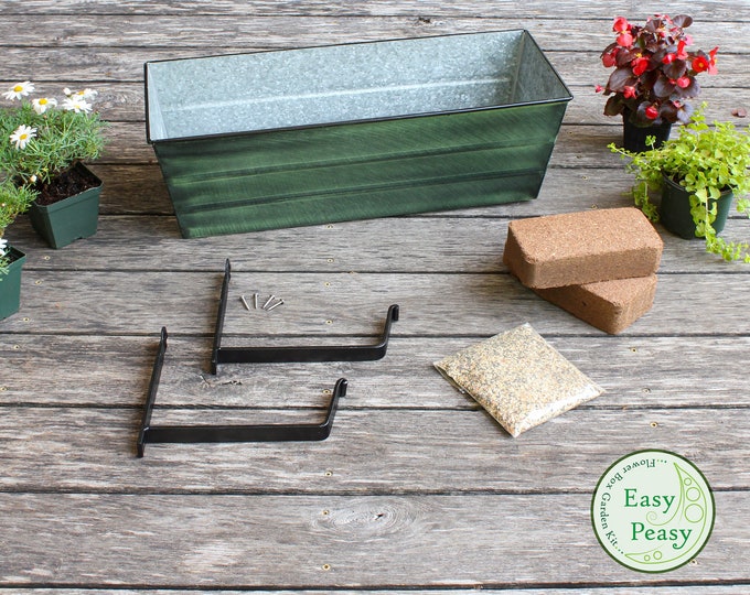 Easy Peasy Grow Kit with Wall-Mount Brackets and 24" Green Flower Windowbox Planter